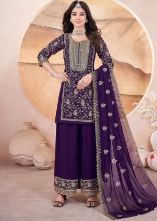 Purple Readymade Embroidered Palazzo Suit