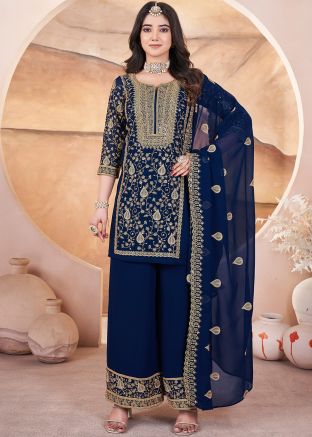 Blue Readymade Georgette Palazzo Suit In Thread Work