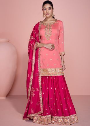 Readymade Coral Pink Embroidered Sharara Suit Set