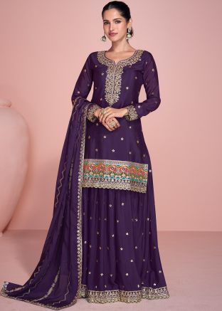 Purple Readymade Embroidered Sharara Style Suit