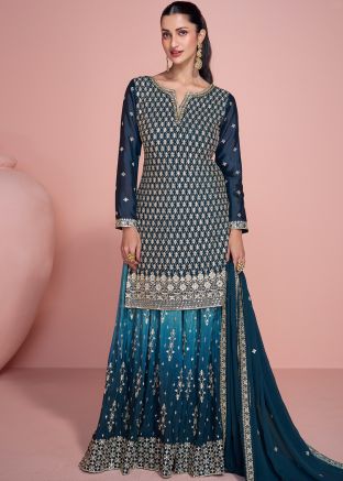 Teal Blue Readymade Embroidered Sharara Style Suit