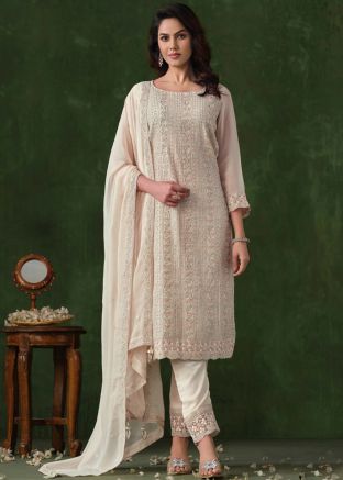 Off White Embroidered Silk Salwar Suit Set