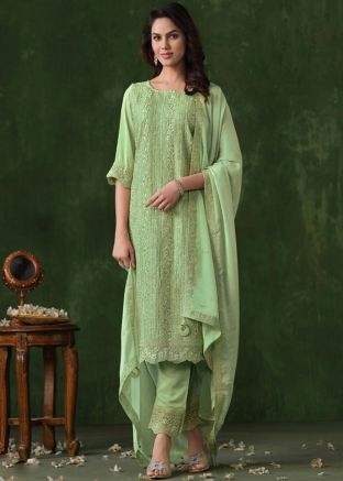 Green Embroidered Salwar Suit Set In Silk