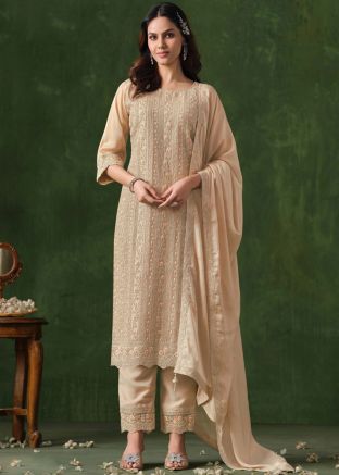 Cream Embroidered Pant Salwar Suit Set