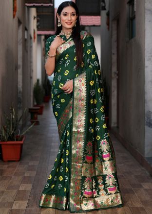 Green Bandhej Print Saree In Art Silk