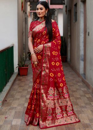 Red Bandhej Print Saree In Art Silk
