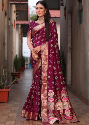 Purple Bandhej Print Saree In Art Silk