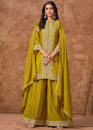 Yellow Readymade Zari Embroidered Palazzo Suit
