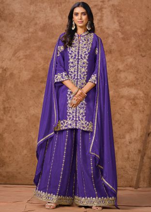 Readymade Purple Embroidered Palazzo Suit In Chiffon