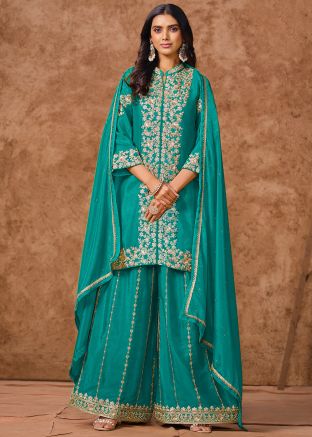 Blue Embroidered Readymade Palazzo Suit Set