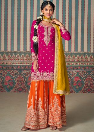 Readymade Pink Embroidered Palazzo Suit & Dupatta