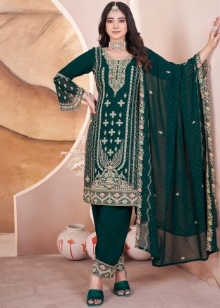 Readymade Green Embroidered Pant Suit In Georgette