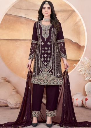 Readymade Brown Embroidered Pant Suit With Dupatta