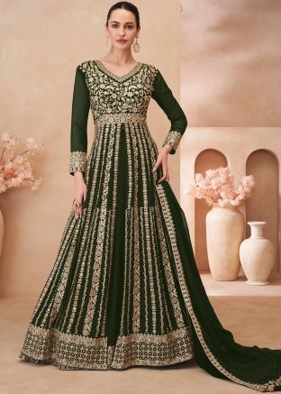 Green Readymade Embroidered Slitted Pant Suit