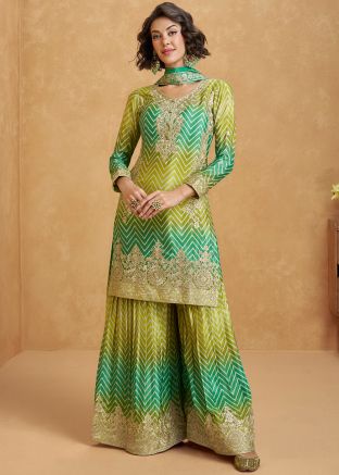 Readymade Shaded Green Chiffon Printed Palazzo Suit