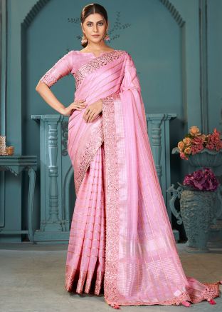 Pink Zari Woven Saree In Cotton