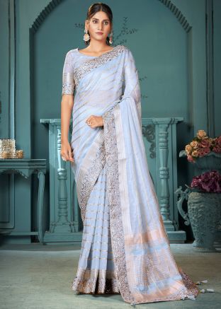 Blue Zari Woven Saree In Cotton