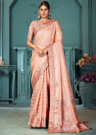 Peach Zari Woven Saree In Cotton