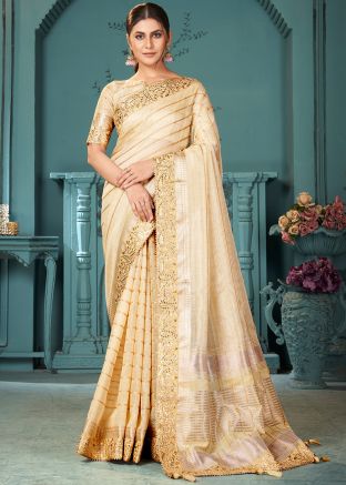 Golden Zari Woven Saree In Cotton