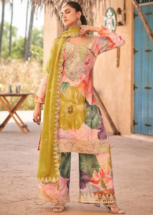 Pink Readymade Floral Print Palazzo Suit In Chiffon