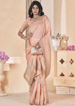 Peach Embroidered Linen Saree & Blouse