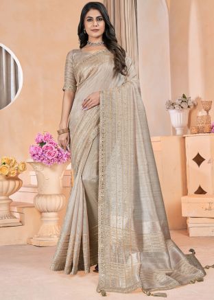Cream Zari Embroidered Linen Saree