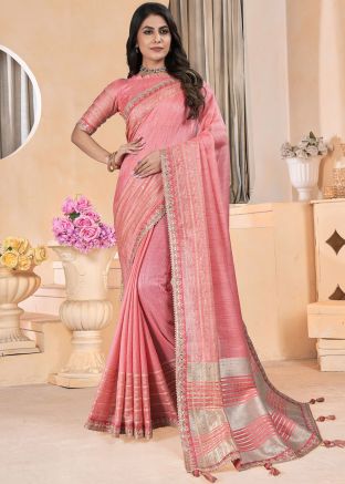Pink Zari Embroidered Linen Saree