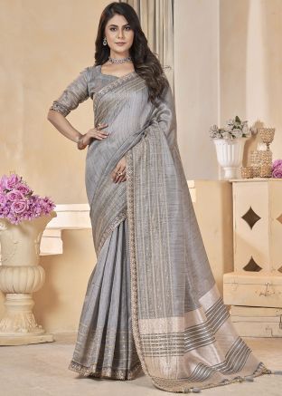 Grey Zari Embroidered Linen Saree
