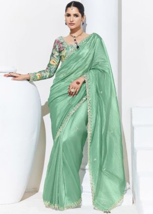 Seafoam Green Embroidered Organza Saree