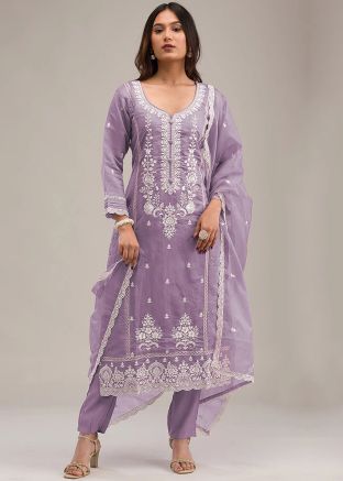 Purple Embroidered Cotton Salwar Suit Set