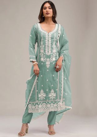 Green Embroidered Salwar Suit Set In Cotton
