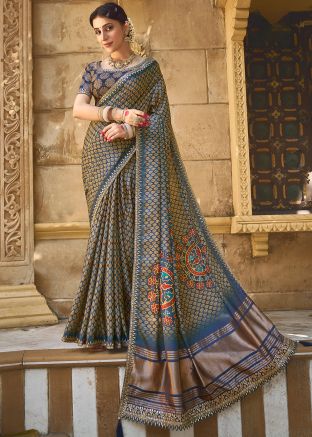 Blue Digital Print Saree In Art Silk