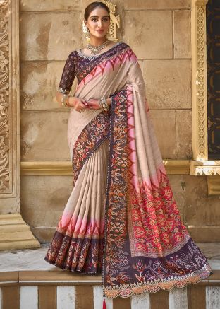 Beige Digital Print Saree In Art Silk