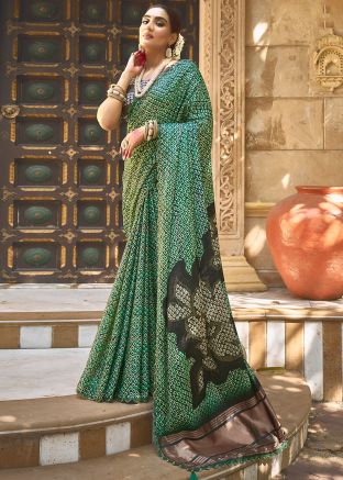 Green Digital Print Saree In Art Silk