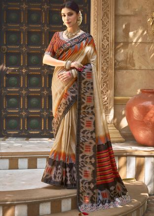 Cream Digital Print Saree In Art Silk