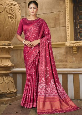 Pink Digital Print Saree In Art Silk