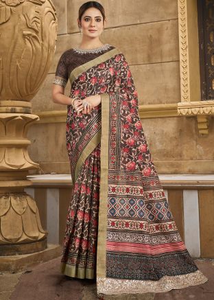 Brown Digital Print Saree In Art Silk