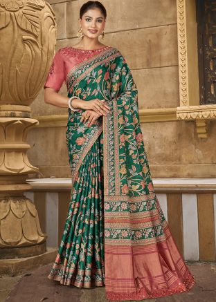 Green Digital Print Saree In Art Silk