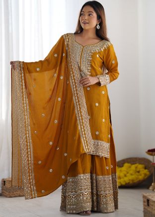 Readymade Yellow Embroidered Chiffon Sharara Suit