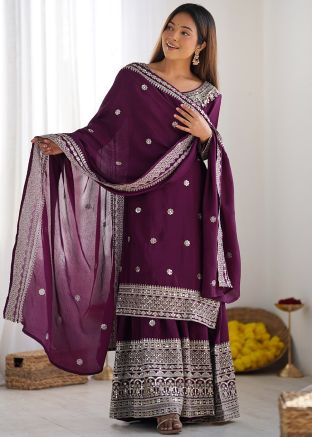 Readymade Purple Embroidered Chiffon Sharara Suit Set