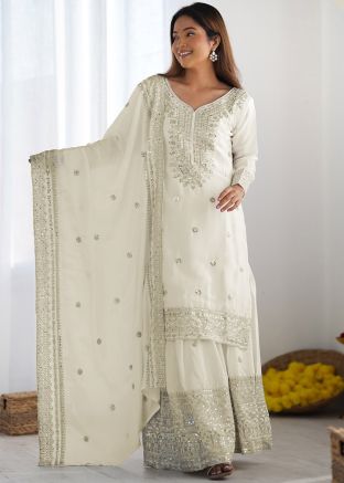 Readymade Embroidered Off White Chiffon Sharara Suit
