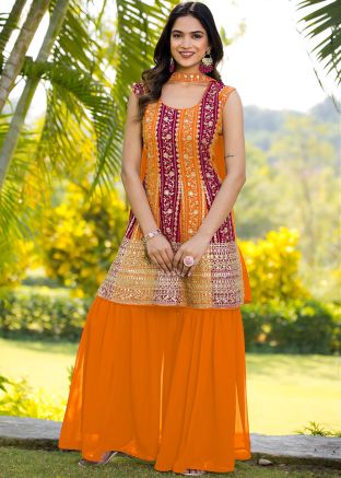 Readymade Maroon & Yellow Embroidered Gharara Suit