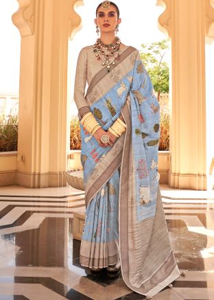 Blue Foil Printed Art Silk Saree