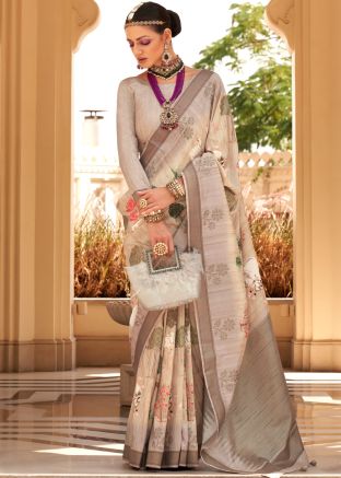 Beige Foil Printed Saree In Art Silk
