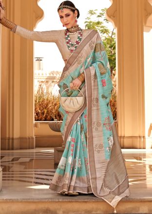 Blue Art Silk Saree In Foil Print