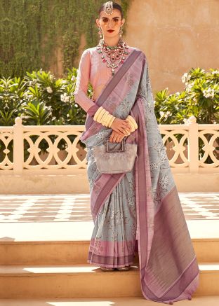 Grey Saree In Art Silk In Foil Print