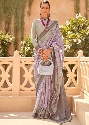 Purple Print Art Silk Saree With Blouse