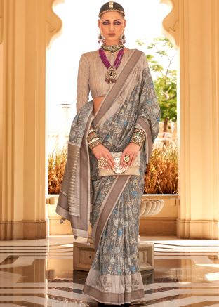 Grey Foil Printed Saree In Art Silk