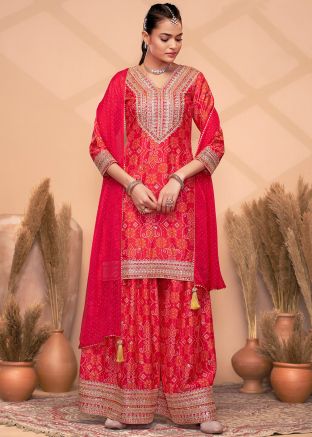 Red Sequin Work Salwar Suit Set In Chiffon