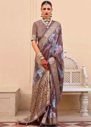 Brown Digital Printed Art Silk Saree